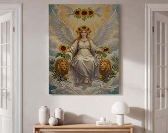 Framed Angel with Lions and Sunflowers Canvas Art, Spiritual Decor