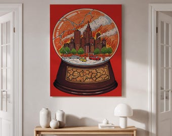 Framed Apocalypse Snow Globe Canvas, Burning City Disaster Art