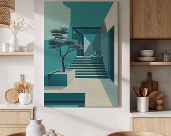 Framed Modern Architecture Canvas Wall Art, Minimalist Staircase and Tree Design, Contemporary Art for Living Room or Office Decor