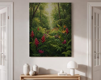 Lush Tropical Forest Canvas Print, Vibrant Floral Jungle Art