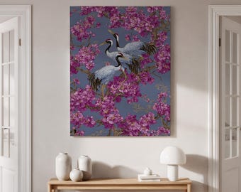 Inramad canvastavla med körsbärsblomstran, japansk blommig väggdekoration