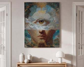 Abstract Portrait with Third Eye Canvas Wall Art Framed, Surreal Visionary Artwork, Cosmic Eye of Perception Print for Living Room or Studio