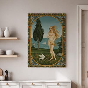 Framed Classical Goddess Canvas Wall Art, Venus or Aphrodite by the Sea, Elegant Vintage Style Print for Living Room, Bedroom, Gallery Decor