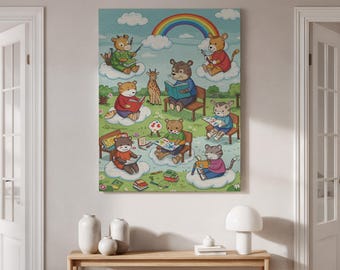 Reading Animals Canvas Art, Whimsical Nursery Decor, Bear & Giraffe
