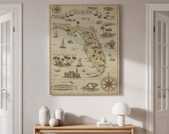May include: A vintage-style map of Florida, featuring detailed illustrations of landmarks, sailboats, and palm trees. The map is framed and includes the word "Florida" in a banner at the top and bottom. The color palette is neutral, with a sepia tone.