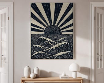 Lienzo enmarcado con olas del océano, impresión retro japonesa del amanecer