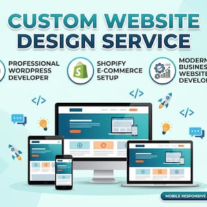 Pode incluir: Um anúncio gráfico de serviços de design de sites com um monitor de desktop, tablet e smartphone exibindo layouts da web. O texto inclui "CUSTOM WEBSITE DESIGN SERVICE", "PROFESSIONAL WORDPRESS DEVELOPER", "SHOPIFY E-COMMERCE SETUP" e "MODERN BUSINESS WEBSITE DEVELOPMENT".