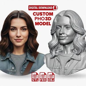 Könnte beinhalten: Werbung für einen digitalen Download eines benutzerdefinierten 3D-Modells. Das Bild zeigt ein Porträt einer Frau neben einer 3D-gerenderten Büste von ihr. Der Text lautet "CUSTOM PHO3D MODEL" mit Dateityp-Symbolen darunter.