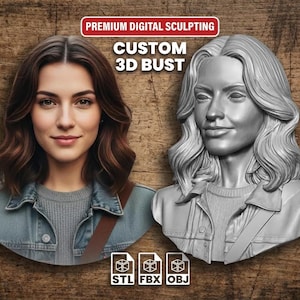 Può includere: L'immagine presenta un busto 3D digitale di una donna, accanto a una foto realistica. Il busto è un modello 3D e l'immagine include il testo "PREMIUM DIGITAL SCULPTING" e "CUSTOM 3D BUST". Sono presenti anche icone di tipo di file per STL, FBX e OBJ.