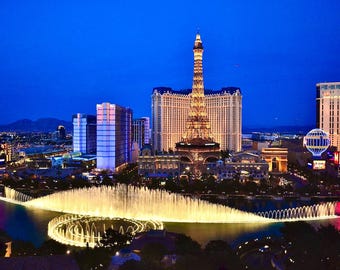 Bellagio Fountains Print | Las Vegas Strip Wall Art | Vegas Twilight Photography | Paris Hotel Travel Gift | Print, Frame or Canvas