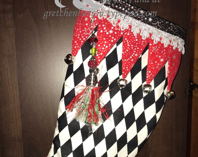 Jester Christmas Stocking Black and Red Harlequin Whimsical and Fun Metallic Fabric and 