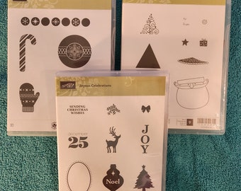 Chock-Full of Cheer, Holiday Hoopla and Joyous Celebrations -- 3 Clear Mount Rubber Stamp Sets, New and Never Used - Stampin' Up! (Bundle 3)