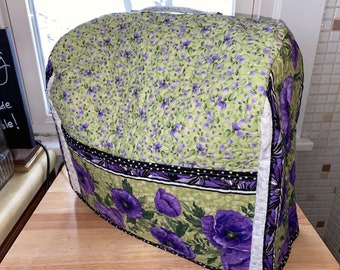MC201 -- 5 QT Stand Mixer Cover -- Purple Pansies -- Purples and Greens -- Quilted with Pockets and Handle
