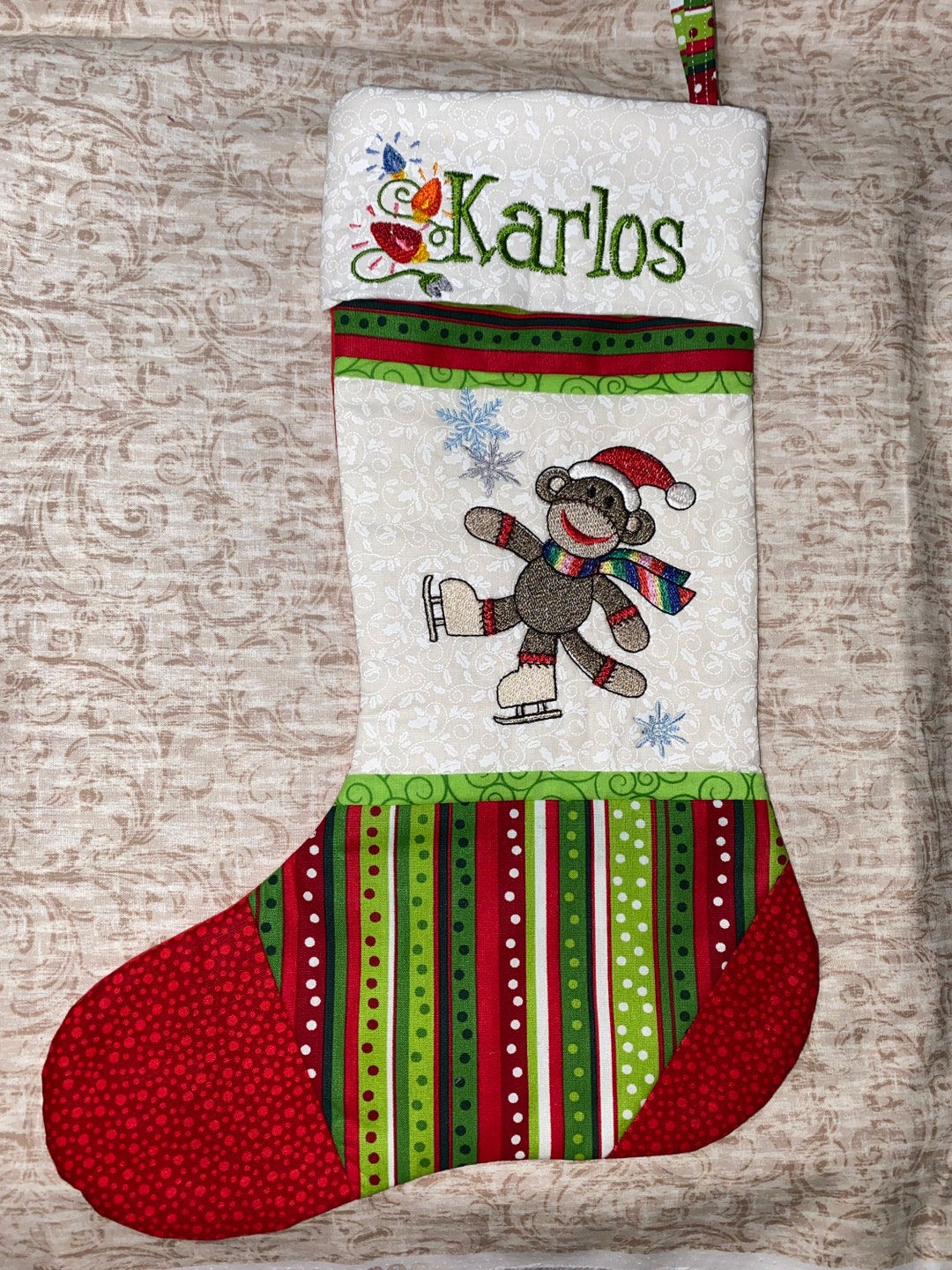 Cute and Whimsical Christmas Sock Monkey Christmas Stocking Custom Made to Your Specifications
