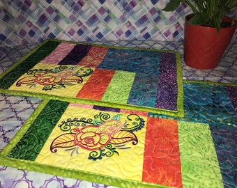 Set of 2 Tropical Floral Design Placemats -- Hand-Dyed Batik Fabrics -- Colorful Floral Tropical Design