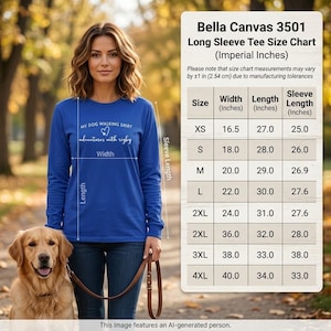 K&ouml;nnte beinhalten: Ein k&ouml;nigsblaues Langarmshirt mit wei&szlig;em Text My Dog Walking Shirt adventures with Rigby und einem Herzsymbol. Daneben befindet sich eine Bella Canvas 3501 Gr&ouml;&szlig;entabelle in Zoll, die Breite, L&auml;nge und &Auml;rmell&auml;nge f&uuml;r die Gr&ouml;&szlig;en XS bis 4XL auflistet.