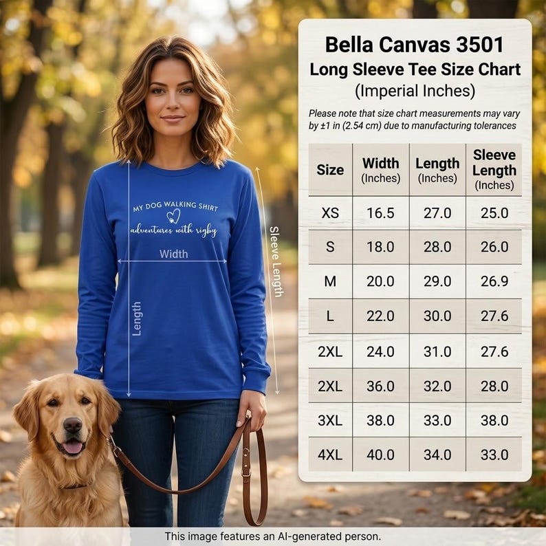 K&ouml;nnte beinhalten: Ein k&ouml;nigsblaues Langarmshirt mit wei&szlig;em Text My Dog Walking Shirt adventures with Rigby und einem Herzsymbol. Daneben befindet sich eine Bella Canvas 3501 Gr&ouml;&szlig;entabelle in Zoll, die Breite, L&auml;nge und &Auml;rmell&auml;nge f&uuml;r die Gr&ouml;&szlig;en XS bis 4XL auflistet.