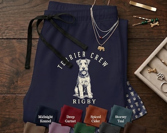 Calças de moletom personalizadas para Terrier | Pijama personalizado para mãe de Welsh Terrier | Calças azul-marinho do Scruffy Dog Club | Pijama com nome de cachorro da raça Airedale para presentear