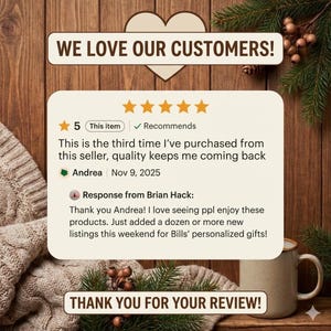 Puede incluir: Gr&aacute;fico de rese&ntilde;as de clientes con el texto "WE LOVE OUR CUSTOMERS!" y "THANK YOU FOR YOUR REVIEW!". La rese&ntilde;a tiene 5 estrellas y menciona la calidad de los productos. El fondo es una superficie de madera.
