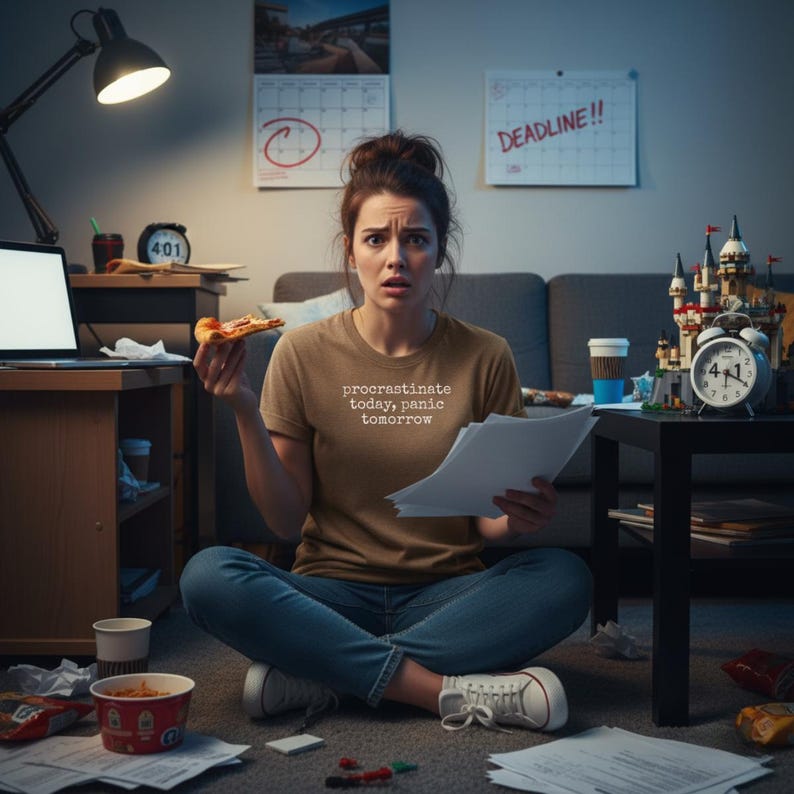 May include: A woman wearing a brown t-shirt with the text "procrastinate today, panic tomorrow" sits on the floor surrounded by papers, pizza, and a laptop. A calendar and a clock are visible in the background.