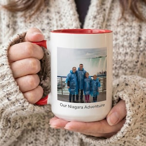 Custom Family Photo Mug | Personalized Picture Coffee Cup | Double Sided Text & Image | Vacation Memory Keepsake | Color Handle Mug