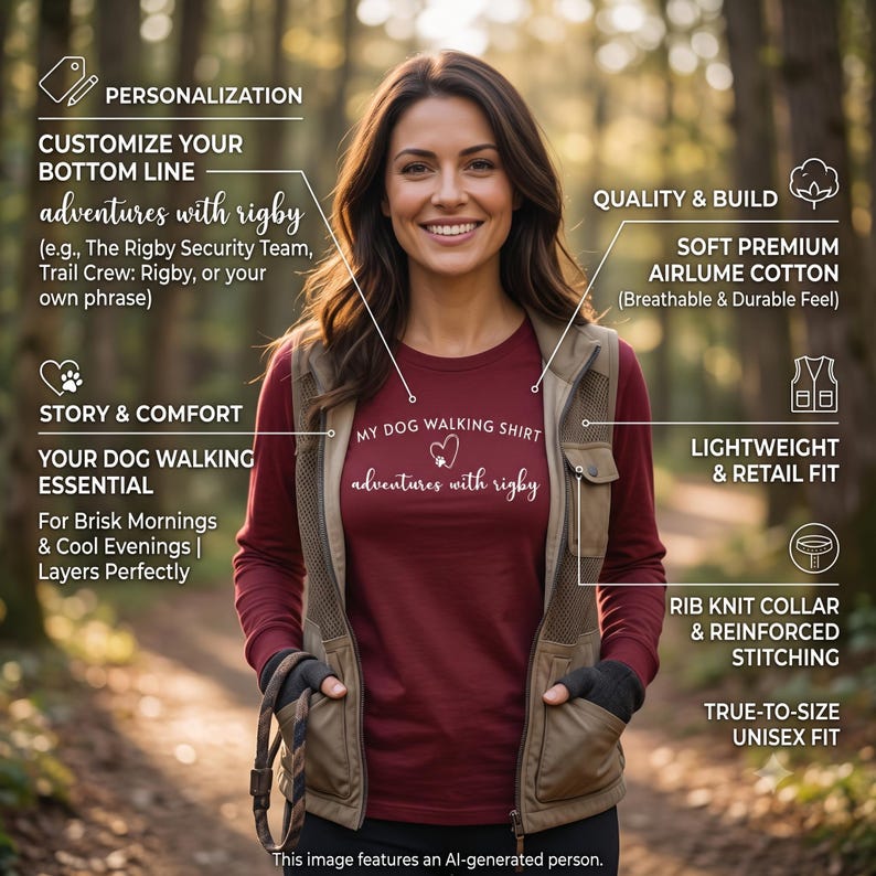 K&ouml;nnte beinhalten: Ein lang&auml;rmeliges kastanienbraunes T-Shirt mit wei&szlig;em Text, der MY DOG WALKING SHIRT lautet, einem Herzsymbol und dem Schriftzug adventures with rigby. Das T-Shirt wird unter einer beigen Funktionsweste mit Netzeins&auml;tzen und Taschen getragen.