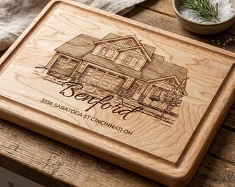 Personalisiertes Schneidebrett mit Hausmotiv – Hochwertiges Erbstück als Geschenk zum Einzug oder zur Übergabe an den Makler