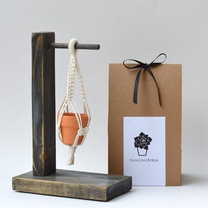 Rustic Wood Tabletop Plant Stand with Mini Macrame Hanger
