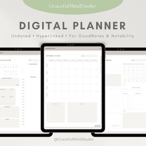 May include: Digital planner displayed on three tablets. The planner features an undated, hyperlinked design for GoodNotes and Notability. The screens show a daily planner, a September calendar, and a dashboard. The text includes "DIGITAL PLANNER" and "GracefulMindStudio".