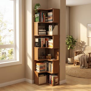Hoge hoekboekenkast met 6 planken, gemaakt van massief hout.