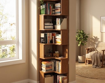 Libreria angolare alta a 6 ripiani in legno massello