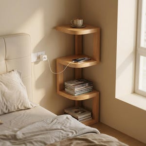 Houten hoekplank | Geometrisch opbergrek met 4 lagen | Minimalistische boekenplank in Japanse stijl | Plantenstandaard voor kleine ruimtes | Moderne woondecoratie