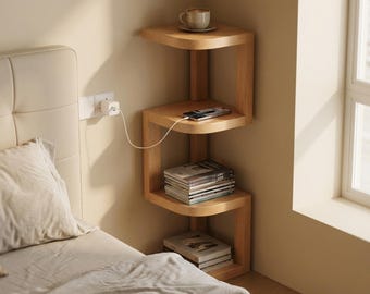 Wooden Corner Shelf | 4-Tier Geometric Storage Rack | Japandi Minimalist Bookshelf | Small Space Plant Stand | Modern Home Decor