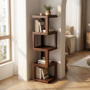 Hoekboekenkast met 5 draaibare planken, gemaakt van bamboehout, ruimtebesparende plank voor slaapkamer, kantoor of woonkamer, antieke stijl
