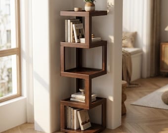 Libreria angolare girevole a 5 ripiani, mobile angolare in legno di bambù, scaffale salvaspazio, per camera da letto, ufficio e soggiorno, stile antico.