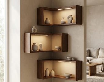 Juego de 3 estantes flotantes de esquina, estantes modulares de pared de roble macizo, mueble de exhibición rústico, librería de esquina de madera hecha a mano.