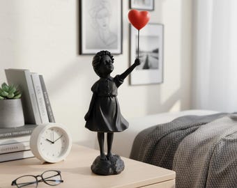 Estatua de niña con globo | Escultura artística de corazón rojo | Figura decorativa moderna para estante