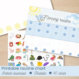 Peut inclure: Tableau de routine imprimable avec des illustrations d'activités quotidiennes. Le tableau présente un design bleu et blanc avec les mots "Morning routine" en haut. Comprend 40 cartes et est pliable.