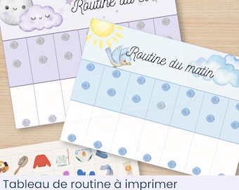 May include: Watercolor printable routine charts with the text "Routine du soir" and "Routine du matin". The charts have a light purple and blue color scheme with illustrations of a moon, clouds, sun, and a bird. The bottom chart has the text "Tableau de routine à imprimer".
