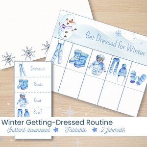 Puede incluir: Ilustración en acuarela de una tabla de rutina para vestirse en invierno. La tabla presenta un muñeco de nieve e imágenes de ropa de invierno como un mono de nieve, botas, abrigo, bufanda, gorro y mitones. El texto dice "Get Dressed for Winter".