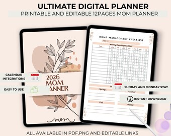Mom Planer Printable | Familienplaner, Mahlzeiten- und Budget-Tracker, Wochen-, Monatsplaner für vielbeschäftigte Mütter (PDF bearbeitbar)