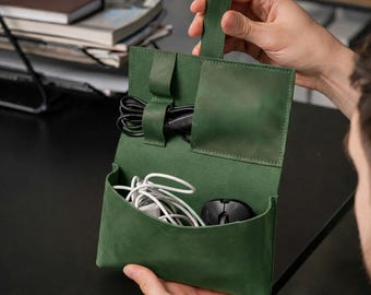 Leather charger case, Leather Cable Organizer, Leather Tech Organizer, Cord Organizer Case, Travel Cable Holder, Minimalist Tech Pouch