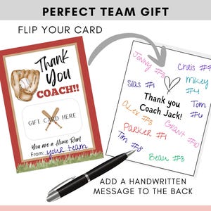 May include: A baseball-themed gift card with a red border, featuring a baseball glove and ball, and the words "Thank You COACH!!" The card includes a space for a gift card and says "You are a Home Run!" A handwritten note is shown.
