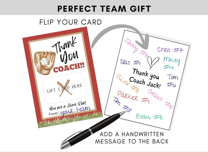 May include: A baseball-themed gift card with a red border, featuring a baseball glove and ball, and the words "Thank You COACH!!" The card includes a space for a gift card and says "You are a Home Run!" A handwritten note is shown.