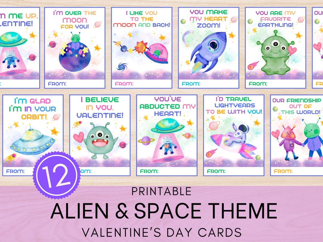 Printable Alien Valentines Cards - Space Theme, Kids Classroom (instant ...
