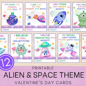 May include: A set of twelve printable Valentine's Day cards with an alien and space theme. Each card features colorful illustrations of aliens, spaceships, planets, and rockets, with phrases like "I'm over the moon for you!" and "You make my heart zoom!"