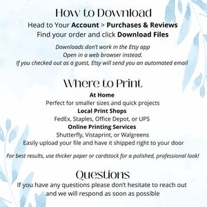 May include: White background with text in a serif font. The text provides instructions on how to download files from Etsy, including where to find the download and how to print the files. Watercolor leaf accents.