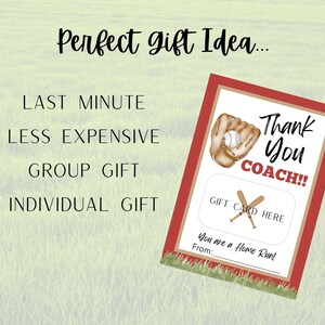 May include: A baseball-themed gift card with a red border, featuring a baseball glove and ball illustration, and the text "Thank You COACH!!". The card includes space for a gift card and a personalized message.