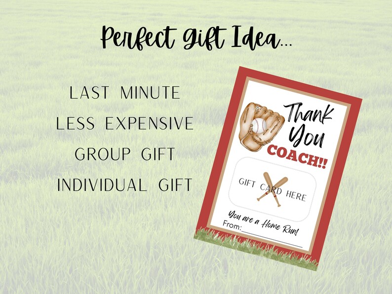 May include: A baseball-themed gift card with a red border, featuring a baseball glove and ball illustration, and the text "Thank You COACH!!". The card includes space for a gift card and a personalized message.