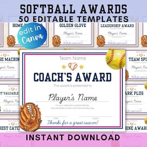 May include: Softball awards template set with 50 editable designs. Each certificate features a baseball glove and ball illustration. Text includes "Coach's Award", "Player's Name", and "Instant Download".